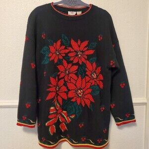 Vintage Nutcracker Ugly Christmas Party Sweater Floral Puensetia Sz L EUC
